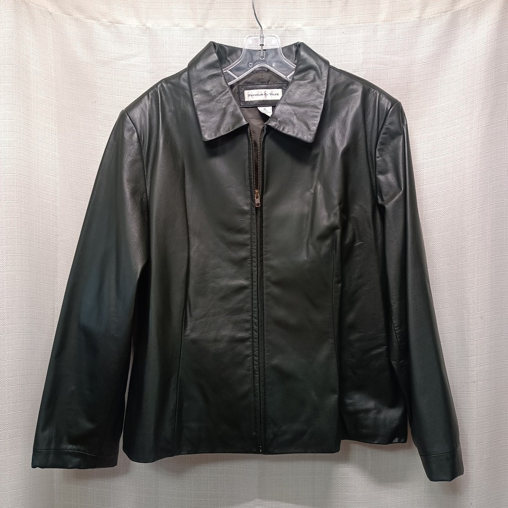 Preston & York Women's XL Olive Green Leather Jacket Full Zip Casual Office‎